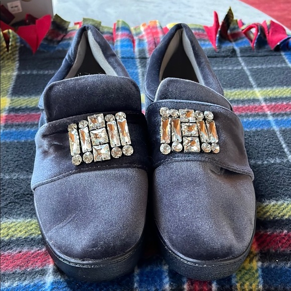 Ideal Shoes Shoes - Blue Slip-On Flats with Crystal Embellishments
